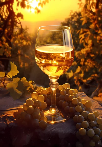 Copo Vinho Entre Arbustos Uva Nos Raios Sol Poente — Fotografia de Stock
