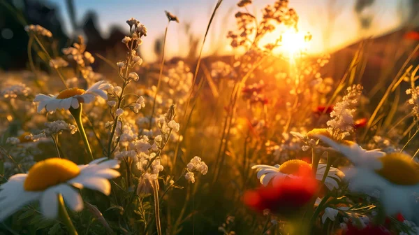 Beautiful Wildflowers Green Meadow Warm Summer Evening — Stock Photo, Image