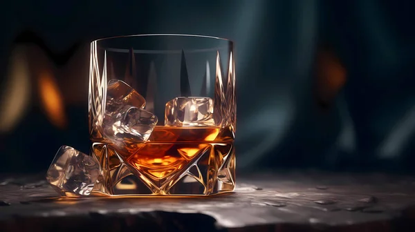 Glass Med Whisky Isbiter Bordet Varm Koselig Atmosfære – stockfoto