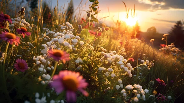 緑の牧草地で美しい野生の花 暖かい夏の夜 ロイヤリティフリーのストック画像