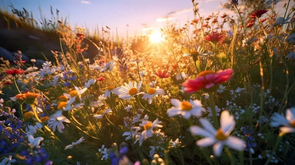 緑の牧草地で美しい野生の花 暖かい夏の夜 ストックフォト