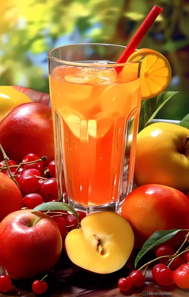 stock image Fruit juice among fresh plucked fruits, front view.