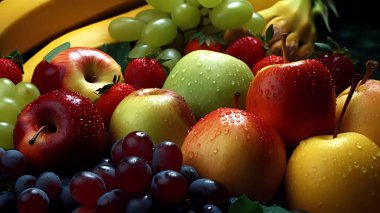 Masadaki taze meyvelerin çeşitliliği, ön manzara..