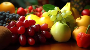 Masadaki taze meyvelerin çeşitliliği, ön manzara..