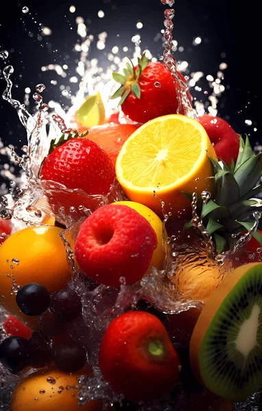 Frutas Frescas Salpicaduras Agua Transparentes Vista Frontal — Foto de Stock