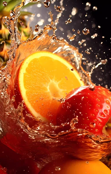 stock image Fresh fruits in transparent water splashes, front view.