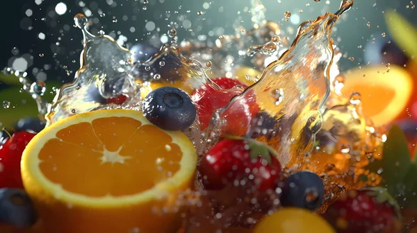 Frutta Fresca Spruzzi Acqua Trasparenti Vista Frontale — Foto Stock