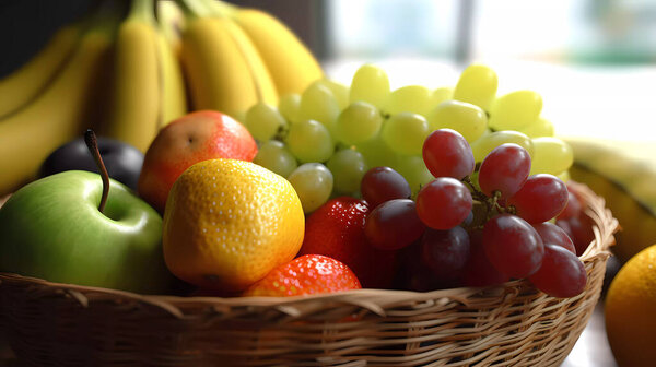 Разнообразие фруктов на столе, вид спереди.