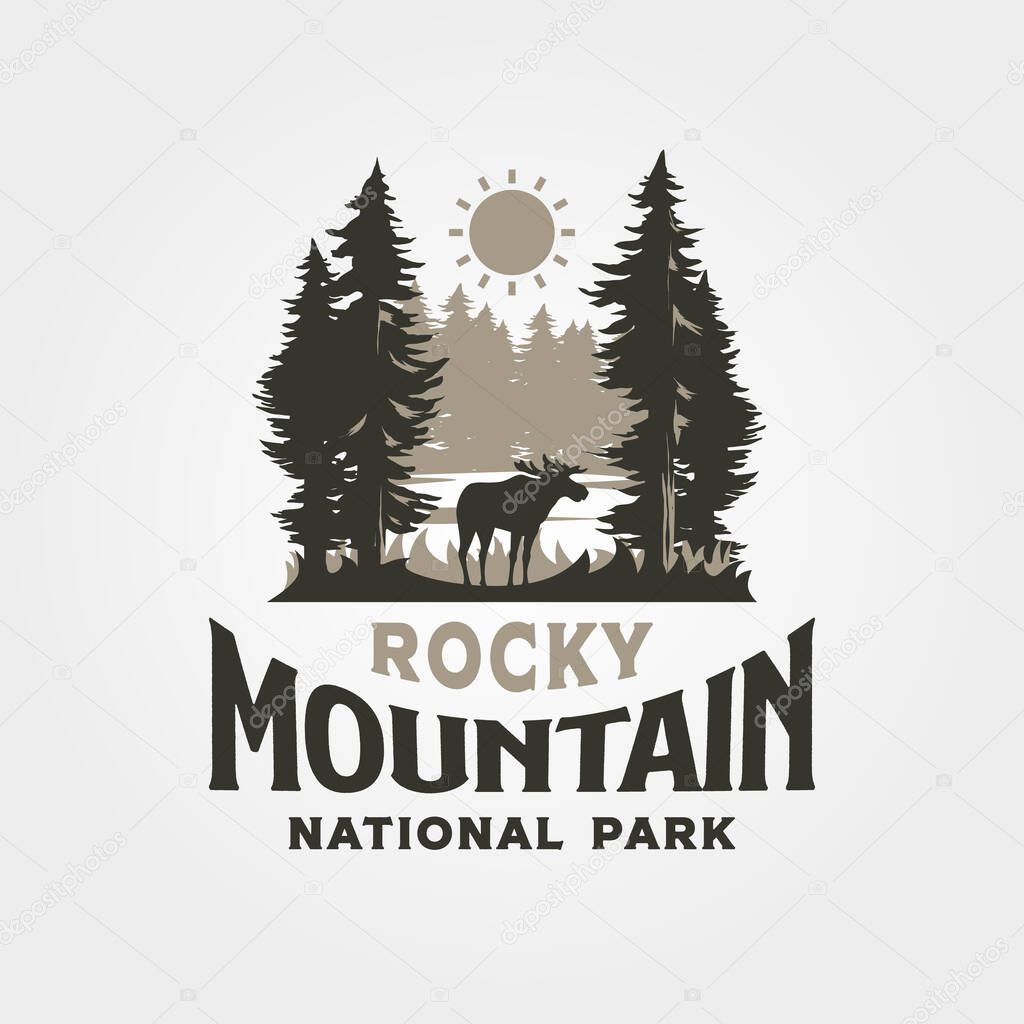 Rocky mountain vintage outdoor logo vector illustration design with nature view symbol