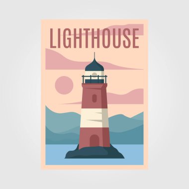 Gün batımı manzarası deniz feneri vektör poster minimal illüstrasyon tasarımı, düz poster minimal tasarımı