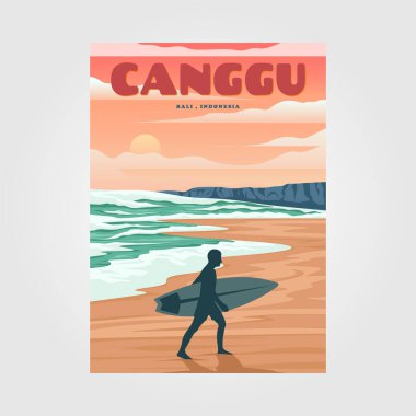 Canggu plajı, günbatımı manzaralı klasik poster tasarımı, bali seyahat poster tasarımı