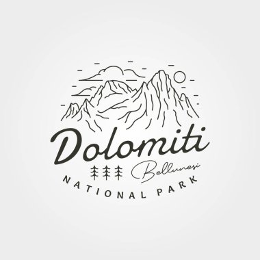 Dolomiti Bellunesi Ulusal Parkı çizgisi sanat eseri vintage seyahat logosu çizimi, İtalyan seyahat macera logosu logosu tasarımı