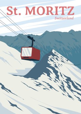 St. Moritz poster tasarımında kırmızı kayak teleferiği, klasik poster İsviçre Ulusal Park Vektör Tasarımı