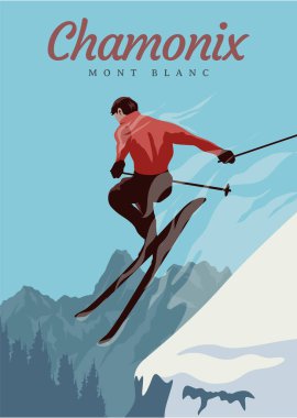 Zıplayan kayakçı aşırı kış sporu. Chamonix mont beyaz vektör illüstrasyon tasarımı içinde kayak seyahat vintage poster