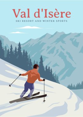 Val D'Isere Travel vintage poster with man skiing on the snow. skier extreme winter sport clipart