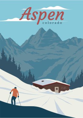 Aspen Colorado seyahat poster tasarımı, Aspen kış manzarası çizimi