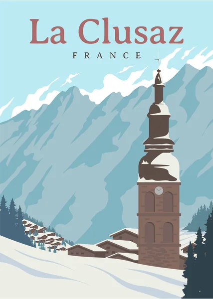 Clusaz Vintage Cartel Viaje Ilustración Diseño Hermoso Nevado Clusaz Alpes Vectores de stock libres de derechos