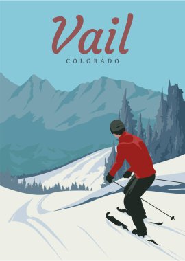 Vail Kayak Merkezi Colorado Seyahat Poster Tasarımı, Colorado Vintage Seyahat Tasarımı