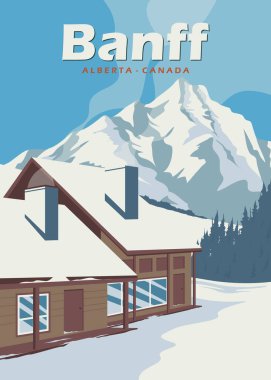 Banff National Park Illustrasyon Tasarımı içinde kabin kayak merkezi vintage poster