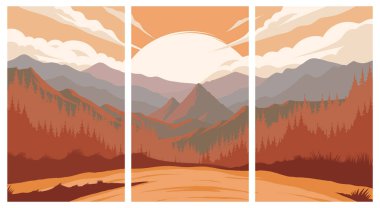 Arka planda vahşi orman ve günbatımına sahip dağ manzarası poster tasarımı