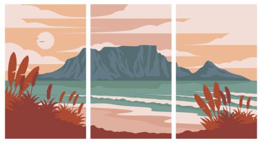 Güney Afrika 'daki masa dağının manzarası poster çizimi, Cape Town minimalist poster tasarımı.