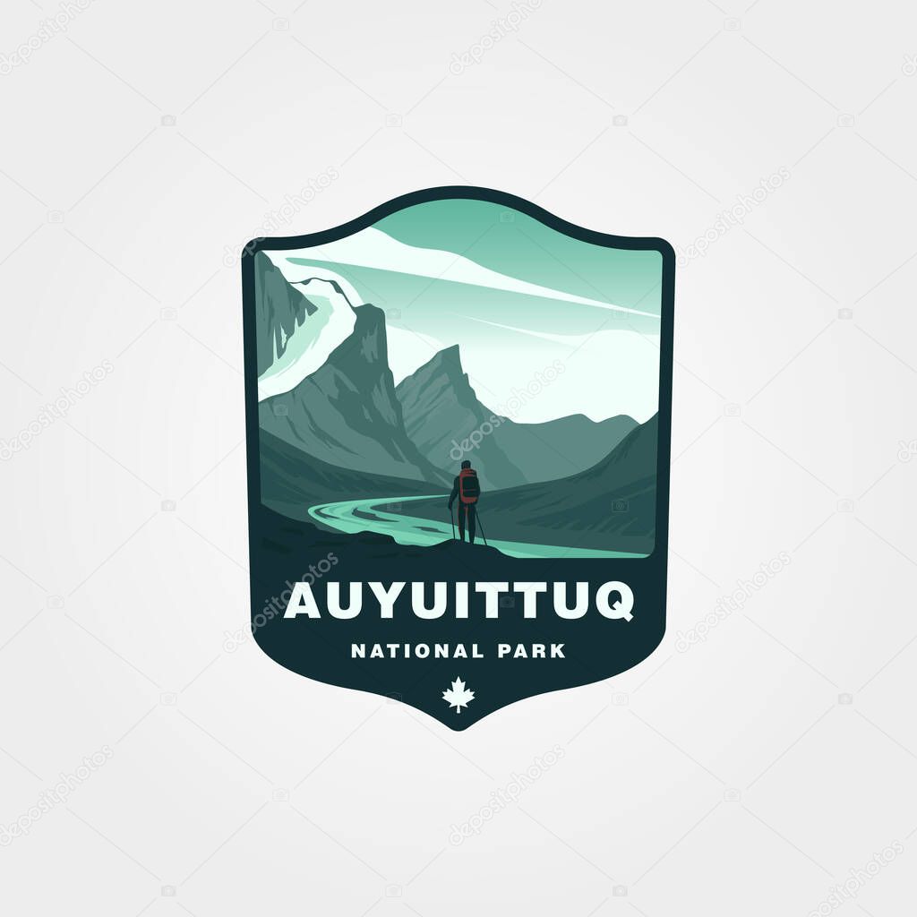 Auyuittuq National Park vintage travel logo patch design, valley outdoor view logo