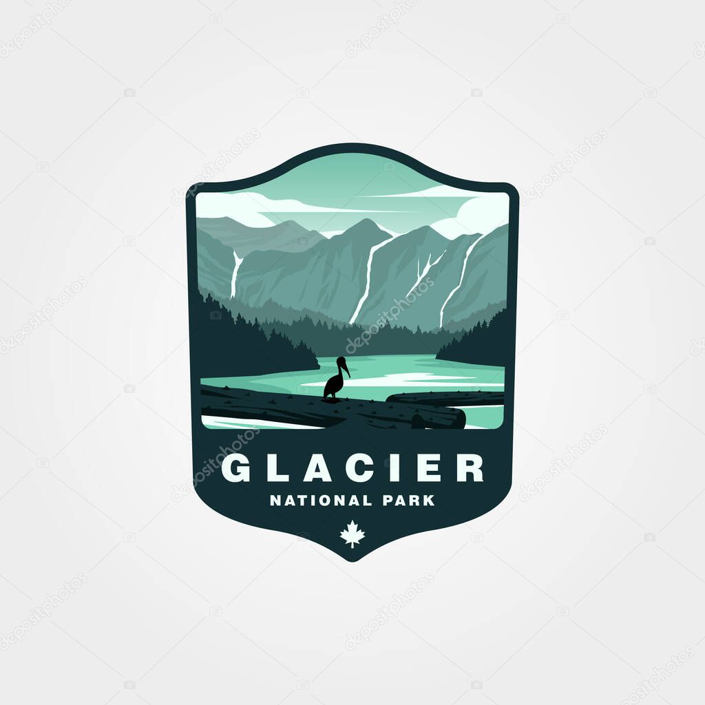 Glacier national park vector patch with with a beautiful view of the lake and mountains in the background