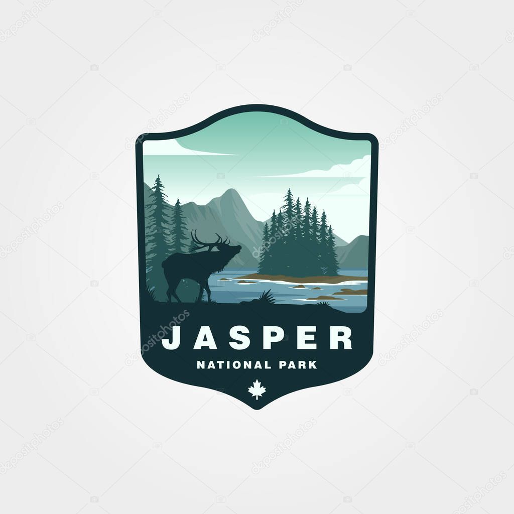 Jasper national park of canada vector logo design with elk on foreground