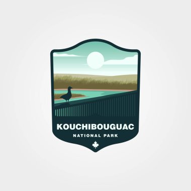 Kouchibouguac Ulusal Parkı vintage logo vektör illüstrasyon tasarımı, köprü ve kuş bakışı Kouchibouguac