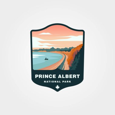 Prens Albert Kanada Ulusal Park Vintage Logo Tasarımı. Bir insan deniz posterinde bir kanoya biniyor.