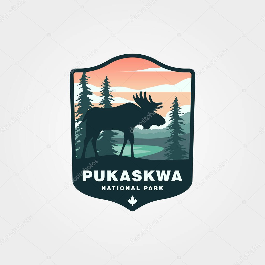 Wild moose with view of pukaskwa national park logo design, adventure canada national park logo