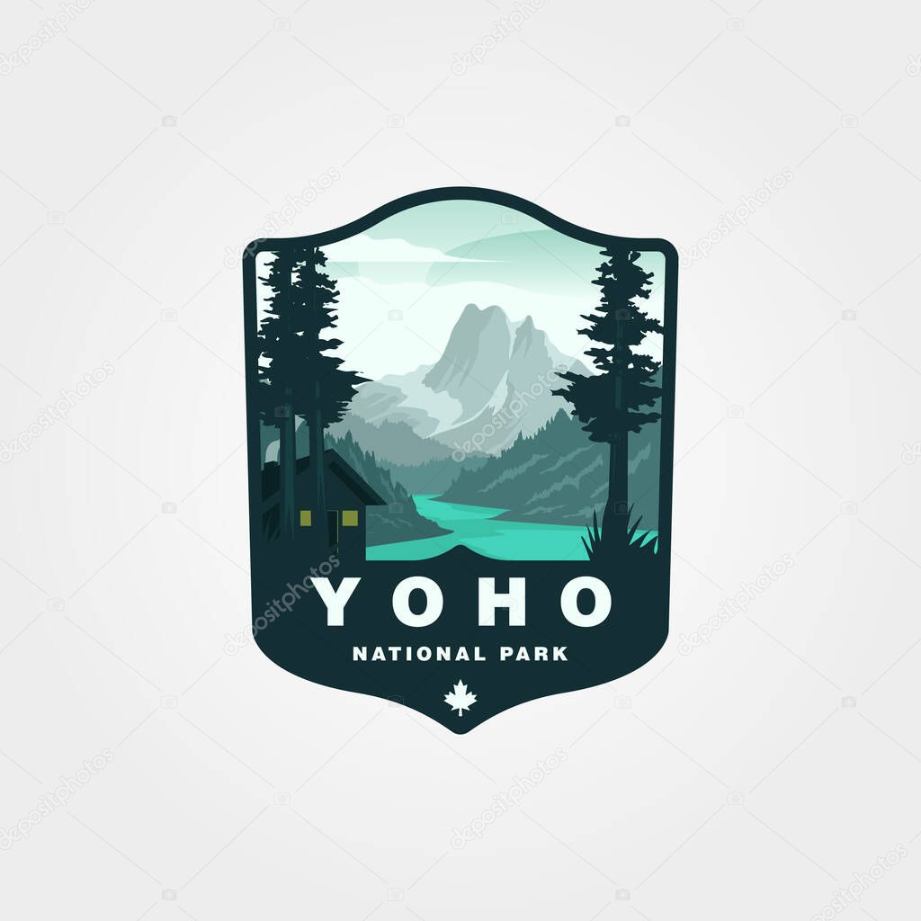 Yoho National Park scenery of mountains, trees, water, and a cabin. Suitable for travel blogs, outdoor magazines, logo print design, and naturethemed designs.