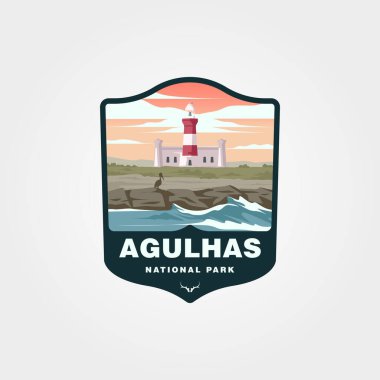 Agulhas Ulusal Parkları deniz feneri, okyanus ve kuş rozeti. Doğa meraklıları, park meraklıları, seyahat blogları ve koruma örgütleri için mükemmel..