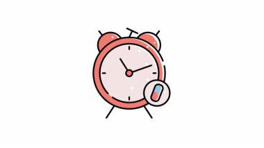 Yanında hap olan kırmızı alarmlı saatin animasyonu. Yanında hap olan kırmızı çalar saat. Grafik tasarım projelerinde sağlık hizmetleri, zaman yönetimi, tıbbi hatırlatıcılar ve ilaç takvimi kavramları için uygundur.