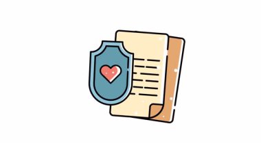 Kalbi olan mavi kalkan doküman animasyon video tasarımını koruyor. İçinde kalp koruyucusu doküman olan mavi kalkan sembolü. Tasarım projelerinde sağlık, sigorta, güvenlik ve hukuki kavramlar için mükemmel.