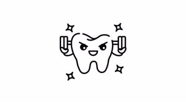 Diş sembolünün çizgi çizimi ağırlık kaldırıyor, gülümsüyor. Diş sağlığı, motivasyon, uygunluk kavramları. Sağlık blogları, spor salonları ve ilham verici materyaller için ideal..