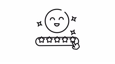 çizgi sanat animasyonu 5 yıldızlı ve eli olan mutlu yüz, derecelendirme sistemleri için ideal, müşteri geri bildirimi, olumlu eleştiriler, memnuniyet anketleri, web siteleri.