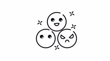 Çizgi sanat animasyonu Sosyal medya gönderilerinde veya zihinsel sağlık içeriğinde ruh hali değişikliklerini göstermek için uygun bir dizi duyguyu gösteren üç duygu simgesi.