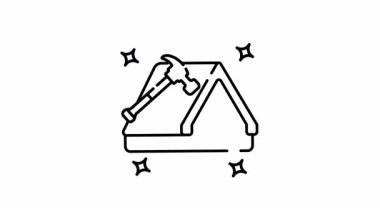 Hammer 'ın bir karikatür evindeki ikon animasyonu, çocuk kitapları veya eğitim materyalleri için ideal, neşeli, renkli resimli yenileme veya ev iyileştirme kavramını resmediyor.