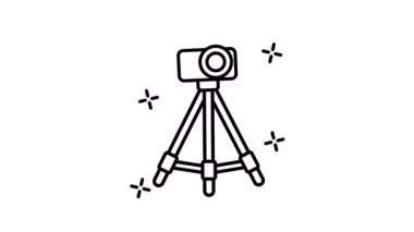 Fotoğraf meraklıları, ekipman değerlendirmeleri, teknoloji blogları ve yaratıcı tasarım projeleri için ideal küçük kameralı tripodun çizgi sanat animasyonu.