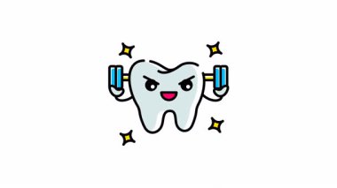 Diş sembolünün animasyonu ağırlık kaldırıyor, gülümsüyor. Diş sağlığı, motivasyon, uygunluk kavramları. Sağlık blogları, spor salonları ve ilham verici materyaller için ideal..