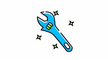 Otomotiv endüstrisi için uygun sarı yıldızlı Mavi İngiliz Anahtarı animasyonu, tamirat şirketleri, araç gereç ve ekipman reklamları, DIY projeleri.