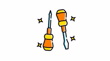 DIY projeleri için uygun olan canlı sarı ve turuncu saplı iki tornavidayı simgeleyen simge animasyonu. Alet reklamları ve hırdavatçı tanıtımları için ideal.