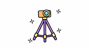 Fotoğraf meraklıları, ekipman değerlendirmeleri, teknoloji blogları ve yaratıcı tasarım projeleri için ideal küçük turuncu kameralı Mor kamera tripodu animasyonu.