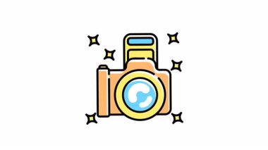 Parıltılı şirin çizgi film kamerasının animasyonu. Fotoğraf temalı tasarımlar, çocuk ürünleri ve sosyal medya grafikleri için mükemmel. Eğlenceli ve canlı bir illüstrasyon.