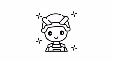 Çizgi sanatı. Miğferli ve mutlu yüzlü asker çizgi film ikonu yapımcısı neşeli bir askeri maskot karakteri tasvir ediyor..