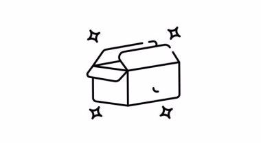 Sevkiyat ve teslimat konseptleri, ambalaj tasarımı, çevrimiçi mağazalar ve lojistik için uygun gülen yüzlü ve ışıltılı teslimat kutusunun simge animasyonu.