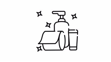 Temizlik malzemelerinin çizgi sanat animasyonu sabun losyonu kağıt havlu el dezenfektanı gibi temel ihtiyaçlar birlikte ışıldıyor..