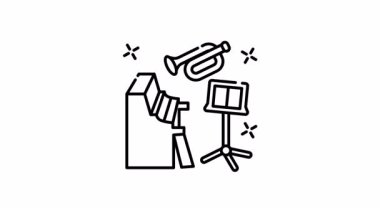 Müzik alıştırma odasının çizgi sanat animasyonunda hevesli müzisyenler için enstrümanlar sergileniyor. Müzik eğitimi kaynakları, tanıtım materyalleri veya sanatsal kavramlar için ideal.