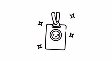 Kolej kimlik kartının animasyonu açık mavi bir rozet ve öğrenci kimliği için mutlu bir yüz çizimi..